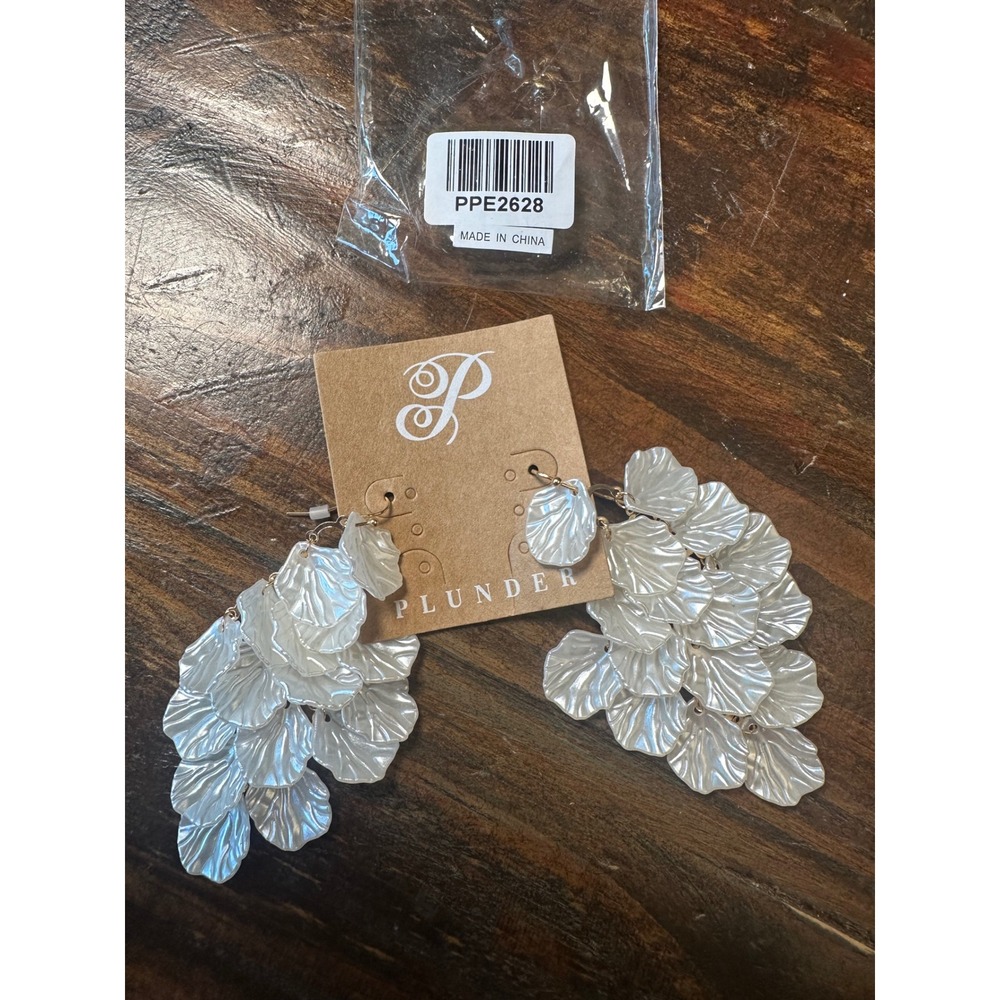 Plunder Aubrie Design White Pearlescent Tiered Petal Chandelier Drop Earrings